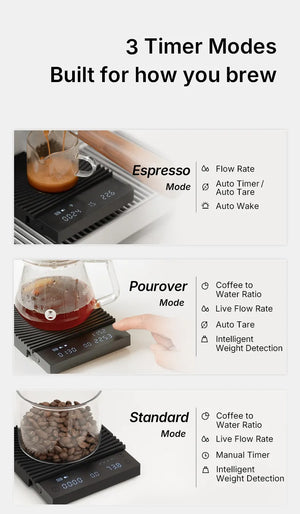 Zwarte koffieweegschaal met meerdere timerstanden en precisie voor espresso en zetmethoden, barista-accessoires, alles over koffie.