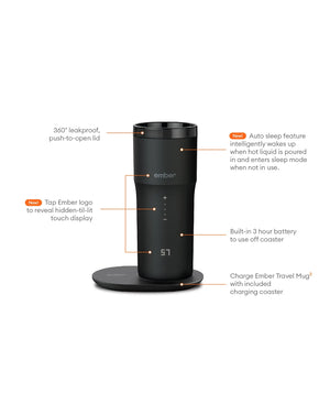 Electric Coffee Travel Mug black V2 - 355ml met touchdisplay en oplaadplaat in zwart, elegant ontwerp.