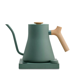 Groene elektrische waterkoker met houten handvat en smalle tuit voor precisie, onderdeel van Fellow, EspressoGear, alles over koffie