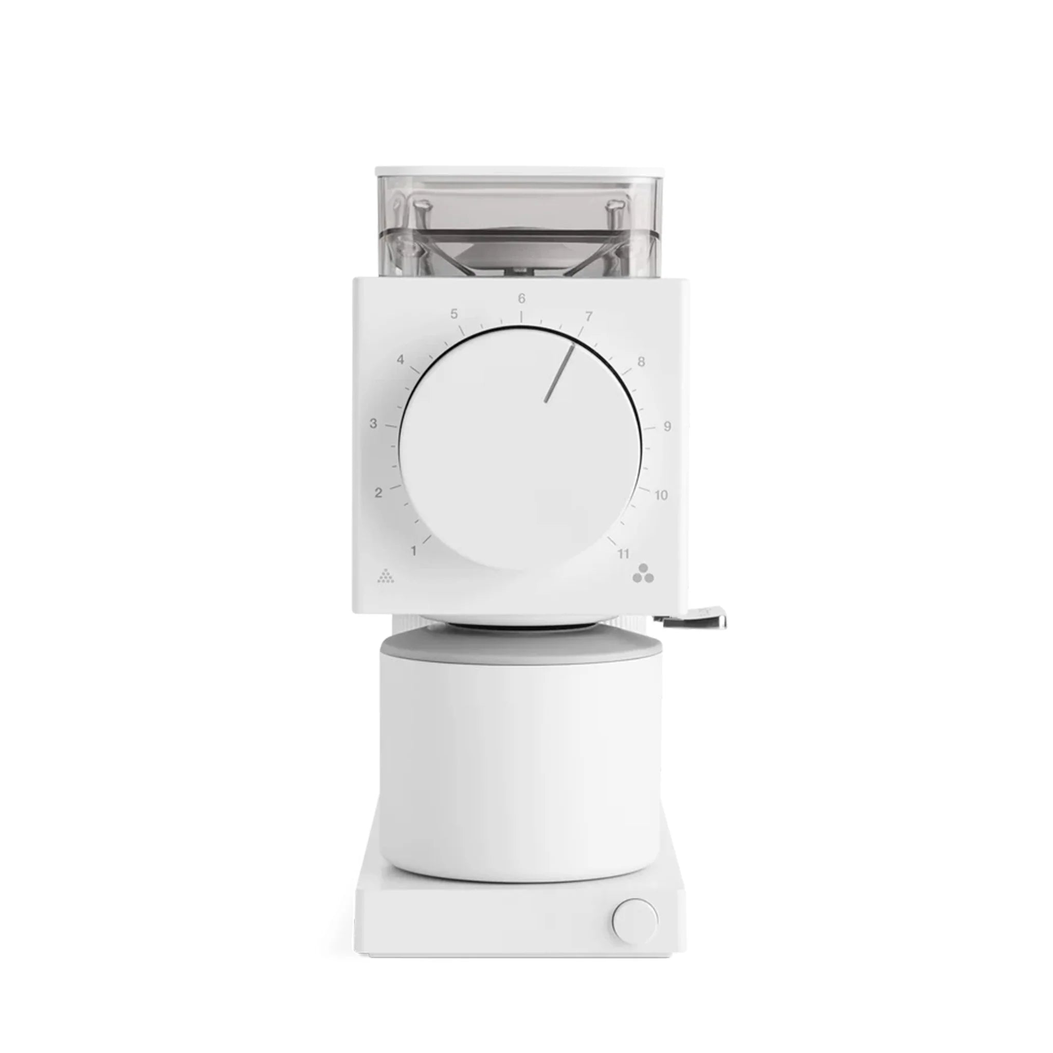 Witte elektrische koffiemolen met instelbare maalgraad voor precieze bereiding, onderdeel van EspressoGear, alles over koffie.