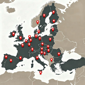 Kaart van Europa met rode markeringen die geselecteerde locaties in meerdere Europese landen tonen.